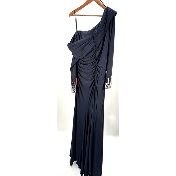 Ieena Mac Duggal Beaded Cuff Drop Shoulder Faux Wrap Gown Sz 14 Midnight NWT - Picture 5 of 16
